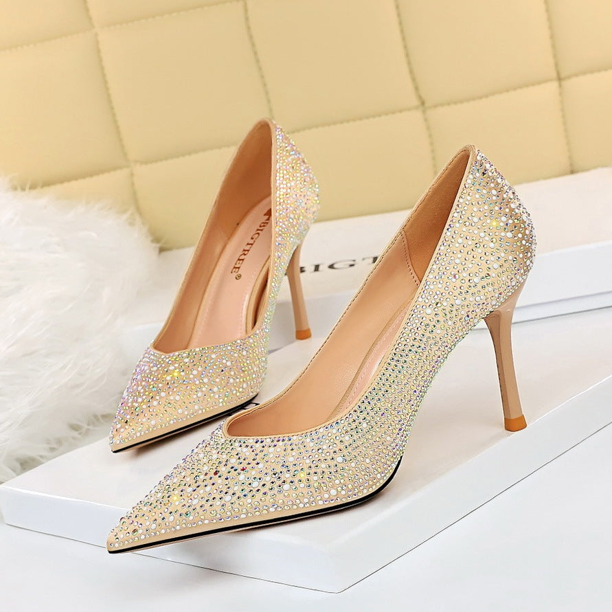 Slim And Sexy Thin Heel Light Mouth Silk Diamond High Heel Shoes