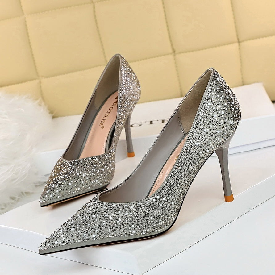 Slim And Sexy Thin Heel Light Mouth Silk Diamond High Heel Shoes