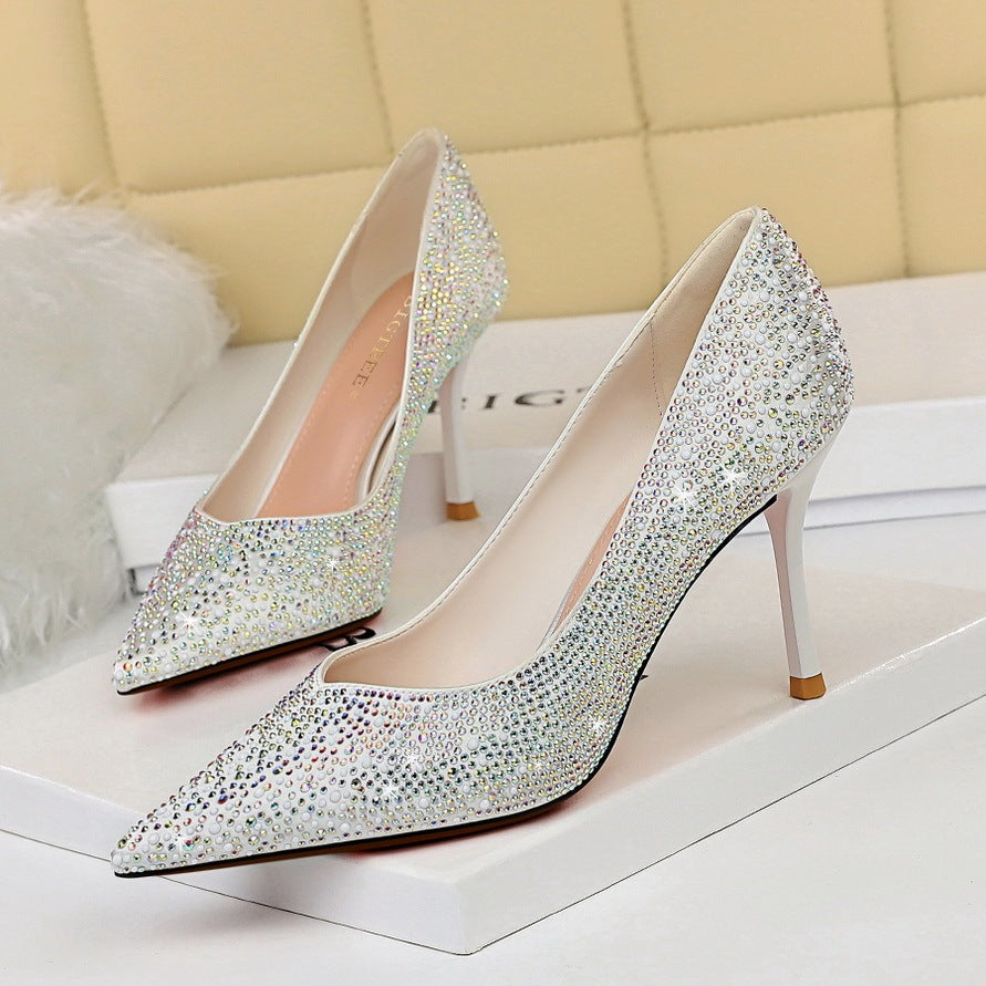Slim And Sexy Thin Heel Light Mouth Silk Diamond High Heel Shoes