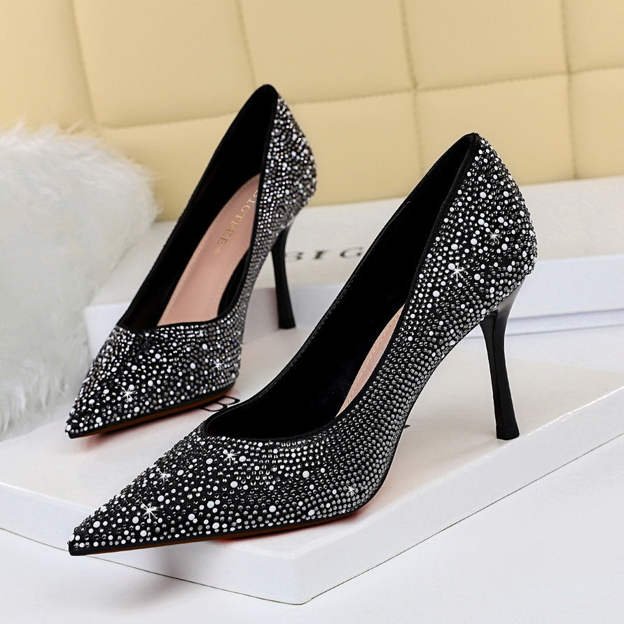 Slim And Sexy Thin Heel Light Mouth Silk Diamond High Heel Shoes
