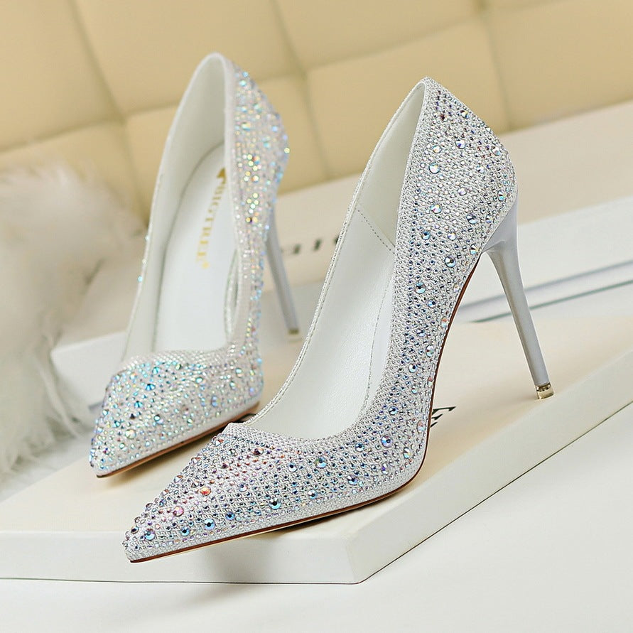 Pointed Toe Sexy Slimming Rhinestone Color Diamond High-heeled Shoes