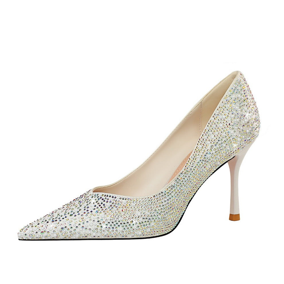 Slim And Sexy Thin Heel Light Mouth Silk Diamond High Heel Shoes