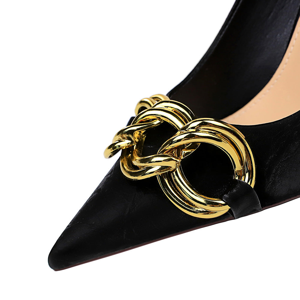 Shallow Pointed Big Metal Buckle Single Shoes