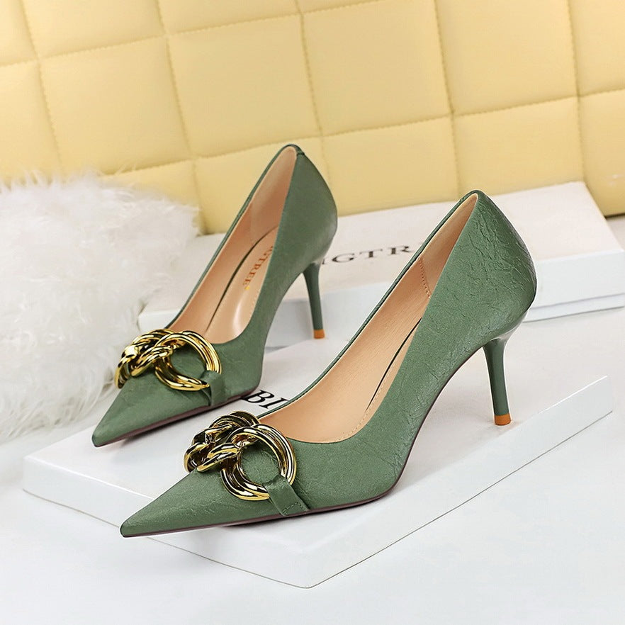 Shallow Pointed Big Metal Buckle Single Shoes