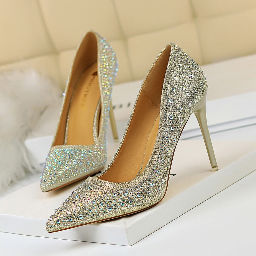 Pointed Toe Sexy Slimming Rhinestone Color Diamond High-heeled Shoes