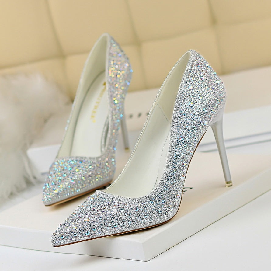 Pointed Toe Sexy Slimming Rhinestone Color Diamond High-heeled Shoes