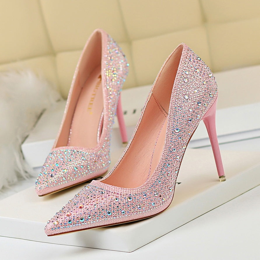 Pointed Toe Sexy Slimming Rhinestone Color Diamond High-heeled Shoes