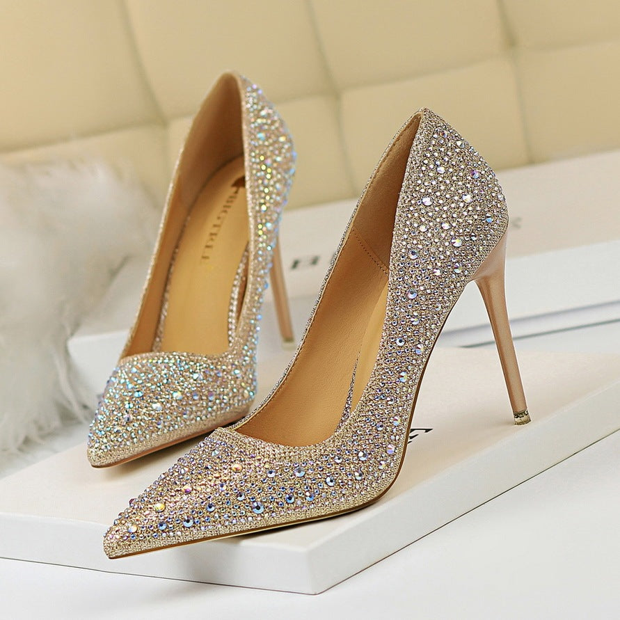 Pointed Toe Sexy Slimming Rhinestone Color Diamond High-heeled Shoes
