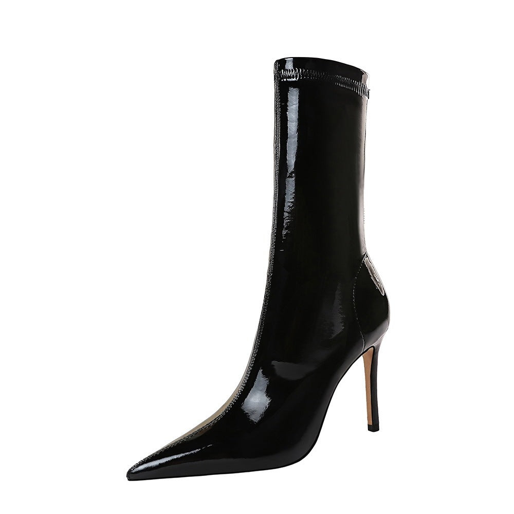 Women's Sexy Slim Shiny Patent Leather Stretch Ankle Boots
