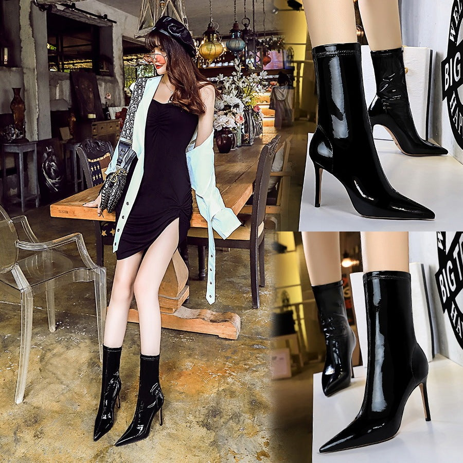 Women's Sexy Slim Shiny Patent Leather Stretch Ankle Boots