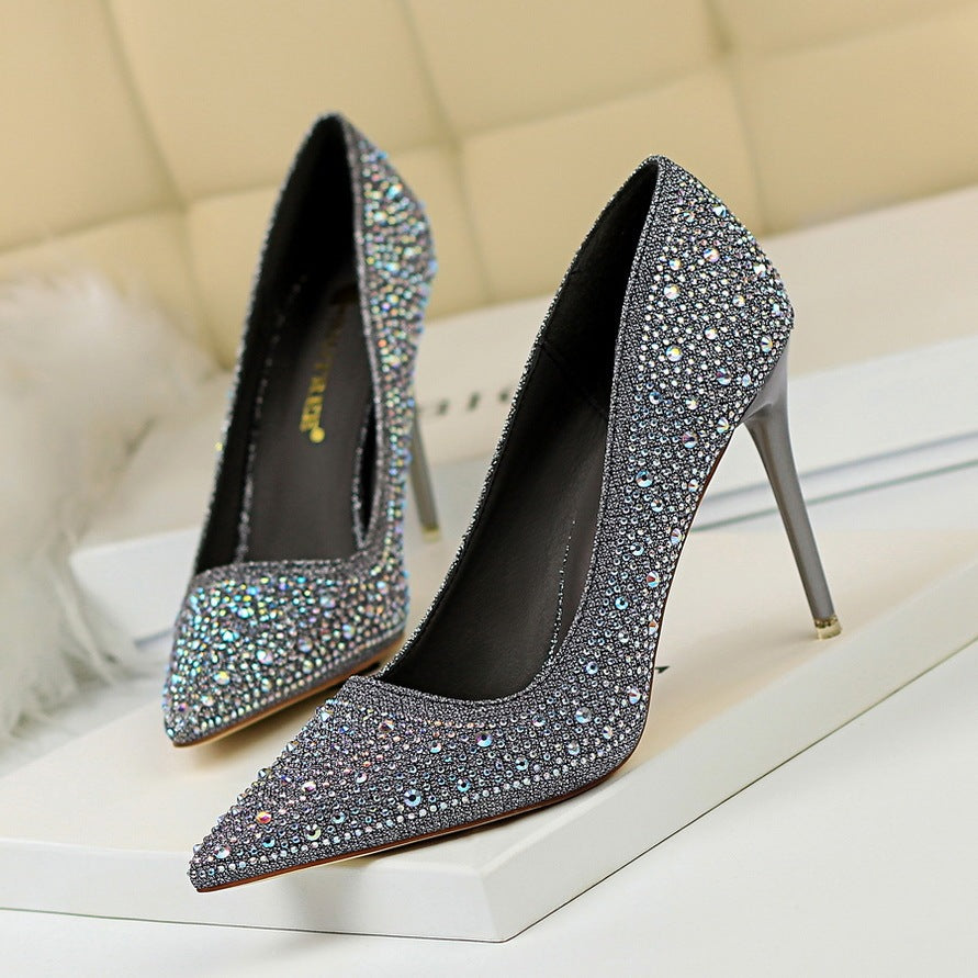 Pointed Toe Sexy Slimming Rhinestone Color Diamond High-heeled Shoes
