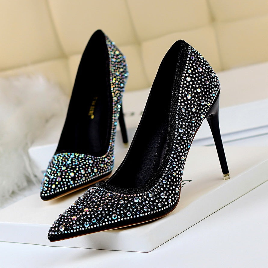 Pointed Toe Sexy Slimming Rhinestone Color Diamond High-heeled Shoes